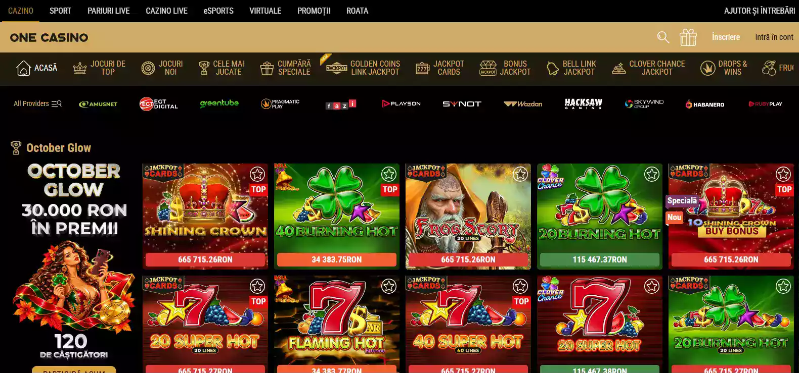 Captură a paginii de pornire One Casino România, cu navigația și antetul vizibile