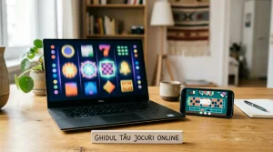 Ecran de laptop cu forme abstracte de sloturi și masă live, alături de un telefon