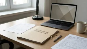 Dosar, laptop și documente administrative pe un birou de lucru