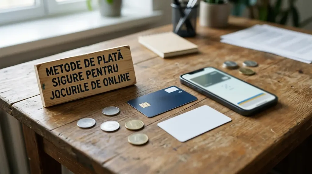 Card bancar, telefon și simboluri de portofel digital pe un birou