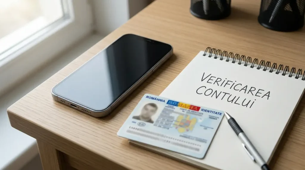 Telefon, carte de identitate acoperită parțial și caiet pe un birou, într-o scenă de verificare a contului